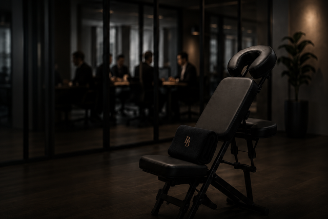 Professionele massagestoel in een kantooromgeving, met een vergaderzaal op de achtergrond